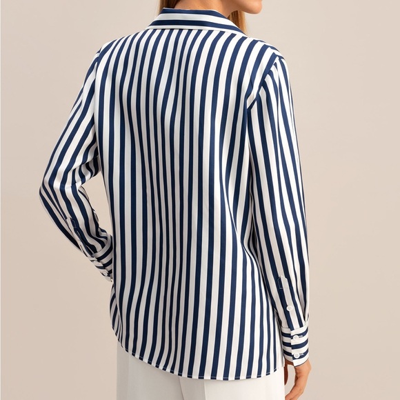 Lilysilk NWT Amalfi Stripe Silk Shirt Blue & White Pinstripe - Picture 2 of 6